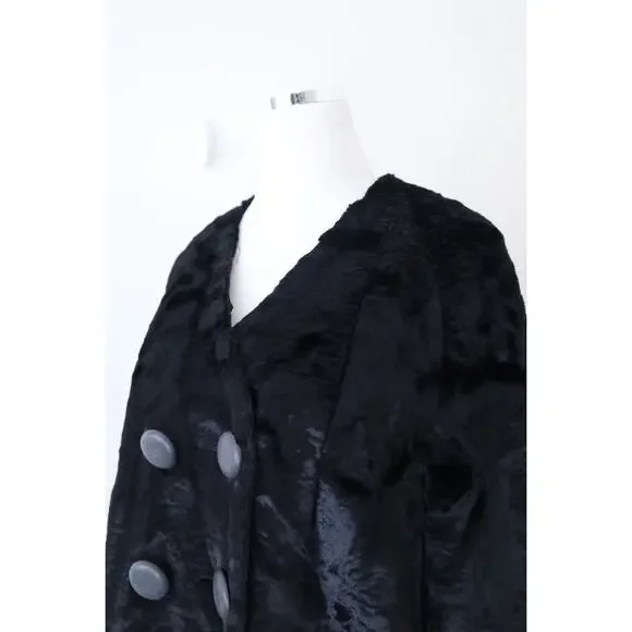 Vintage 1960s Styled By Winter Size L Faux Fur Teddy Coat Double Breasted Black - Picture 6 of 12